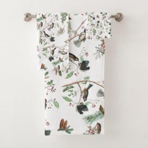 Chickadee Birds Berries & Pinecones Watercolor  Bath Towel Set