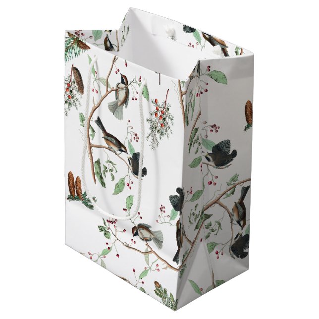 Chickadee Birds Berries & Pinecones Watercolor  Medium Gift Bag (Front Angled)
