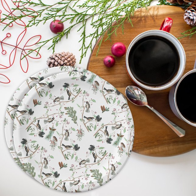 Chickadee Birds Berries & Pinecones Watercolor  Paper Plate (Chickadee Birds Berries & Pinecones Watercolor Paper Plates)