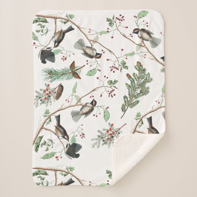 Chickadee Birds Berries & Pinecones Watercolor  Sherpa Blanket (Front)