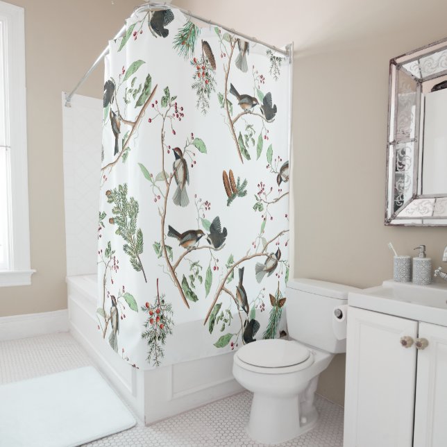 Chickadee Birds Berries & Pinecones Watercolor  Shower Curtain (In Situ)