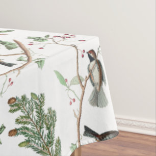 Chickadee Birds Berries & Pinecones Watercolor Tablecloth