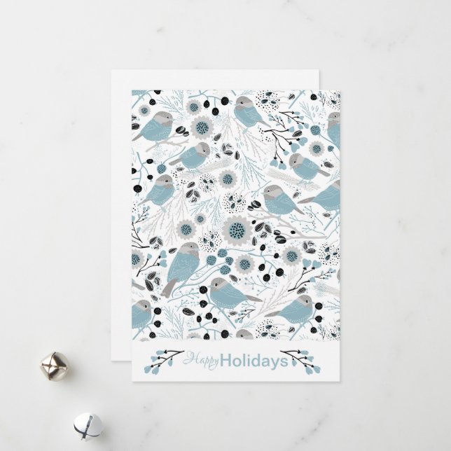 Chickadee Birds Cute Blue Grey Flowers Berries Holiday Card (Front/Back In Situ)