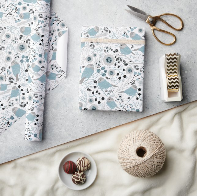 Chickadee Birds Cute Blue Grey Flowers Berries Wrapping Paper (Crafts)