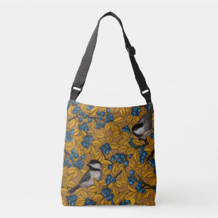 Chickadee birds on blueberry branches crossbody bag