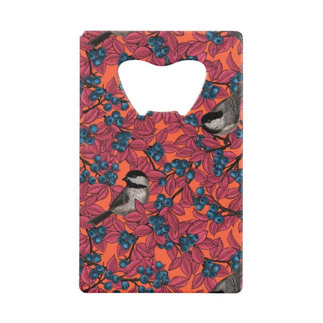 Chickadee birds on blueberry branches on orange (Front)