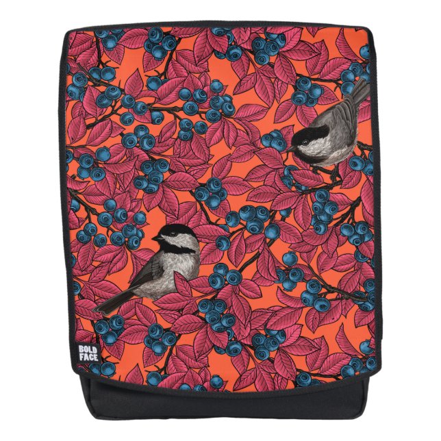 Chickadee birds on blueberry branches on orange backpack (Front)