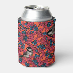 Chickadee birds on blueberry branches on orange can cooler