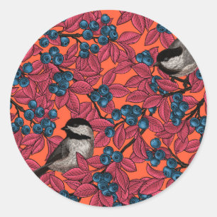 Chickadee birds on blueberry branches on orange classic round sticker