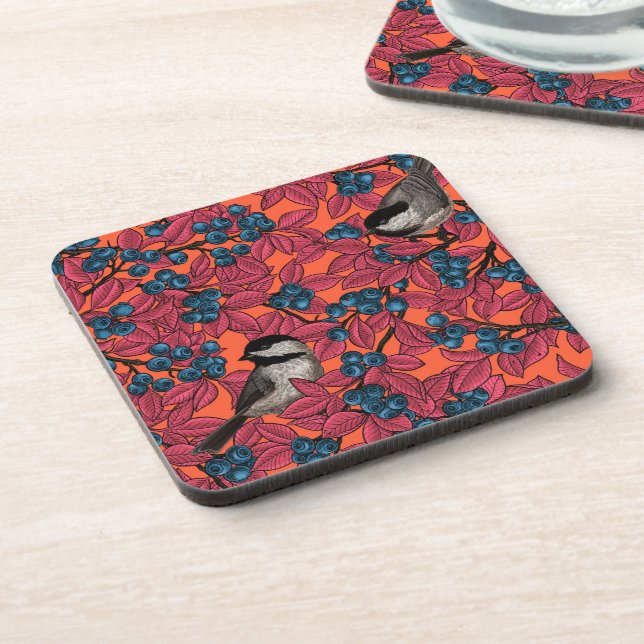 Chickadee birds on blueberry branches on orange coaster (Left Side)