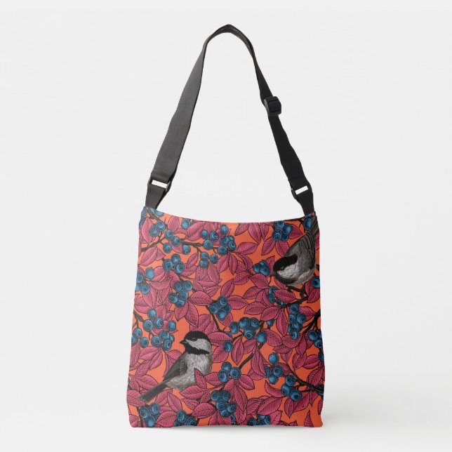 Chickadee birds on blueberry branches on orange crossbody bag (Front)