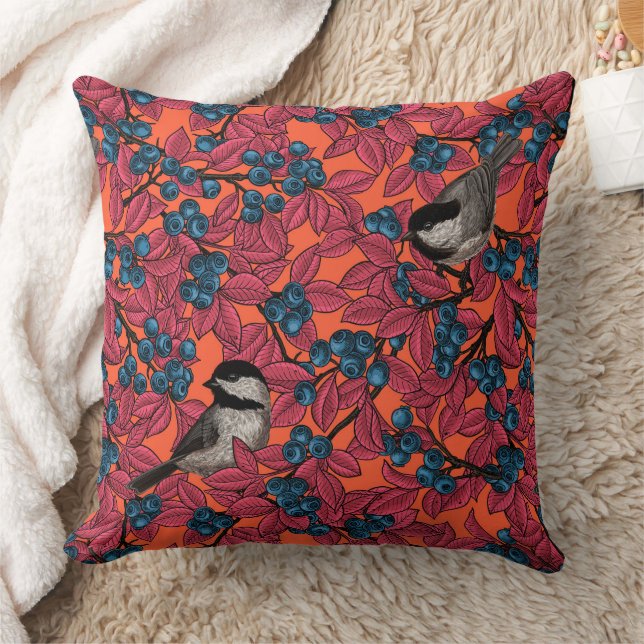 Chickadee birds on blueberry branches on orange cushion (Blanket)