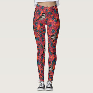 Chickadee birds on blueberry branches on orange leggings