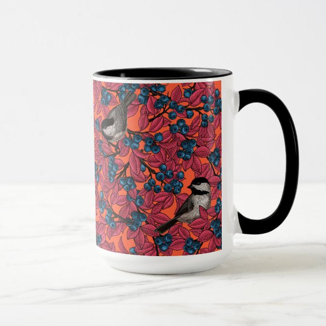 Chickadee birds on blueberry branches on orange mug (Right)