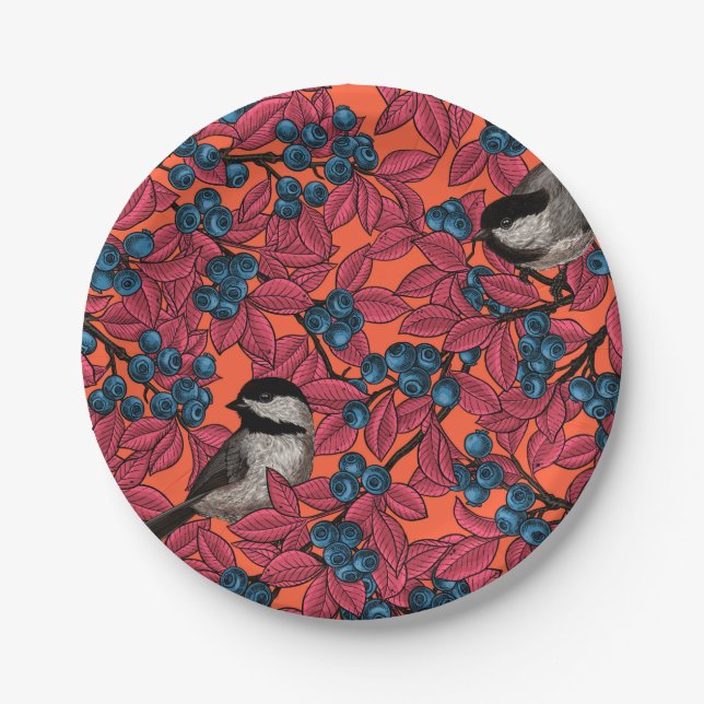 Chickadee birds on blueberry branches on orange paper plate (Front)
