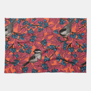 Chickadee birds on blueberry branches on orange tea towel