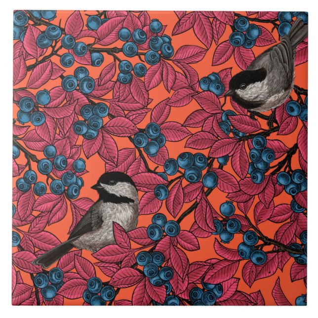 Chickadee birds on blueberry branches on orange tile (Front)