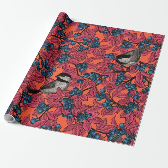 Chickadee birds on blueberry branches on orange wrapping paper (Unrolled)