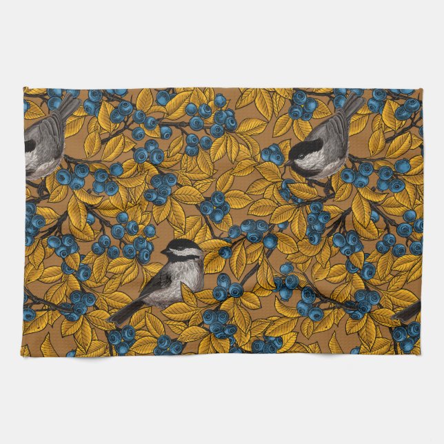 Chickadee birds on blueberry branches tea towel (Horizontal)