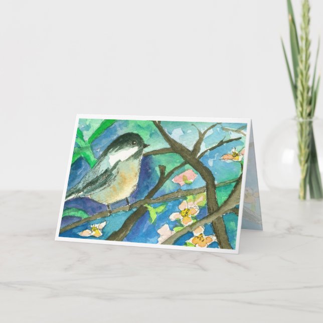 Chickadee Birds Watercolor Painting Happy Birthday Card (Front)