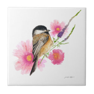 Chickadee Black Capped Flowers Watercolor Art Tile