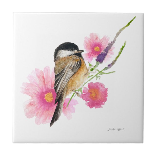 Chickadee Black Capped Flowers Watercolor Art Tile (Front)