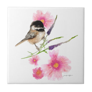 Chickadee Black Capped Sweet Cute Watercolor Art Tile