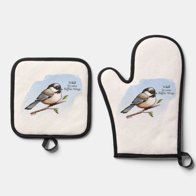 CHICKADEE BUFFALO WINGS by Jeff Willis Art Oven Mitt & Pot Holder Set (Front)