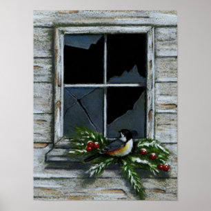 CHICKADEE: CHRISTMAS: OLD WINDOW POSTER
