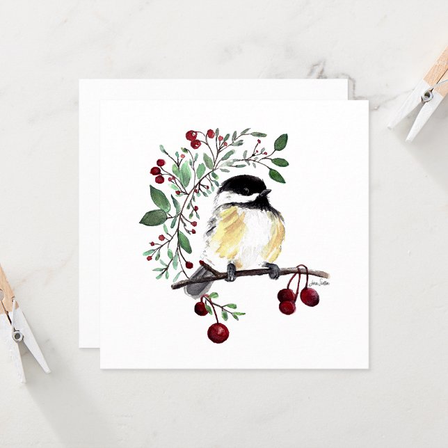 Chickadee Cute Bird Watercolor (Cute Chickadee Watercolor With Greenery by Jenn Steffen Art)