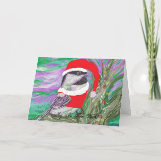 Chickadee dressed as Santa in a tree Holiday Card