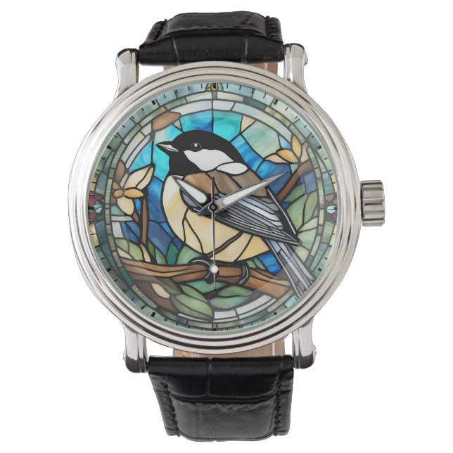 Chickadee Faux Stained Glass Great Tit Bird Clock Watch (Front)