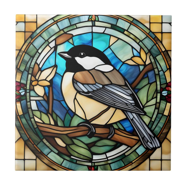 Chickadee Faux Stained Glass Great Tit Bird Tile (Front)