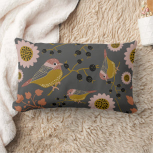 Chickadee Gold Pink Black Berries Flowers Pattern Lumbar Cushion