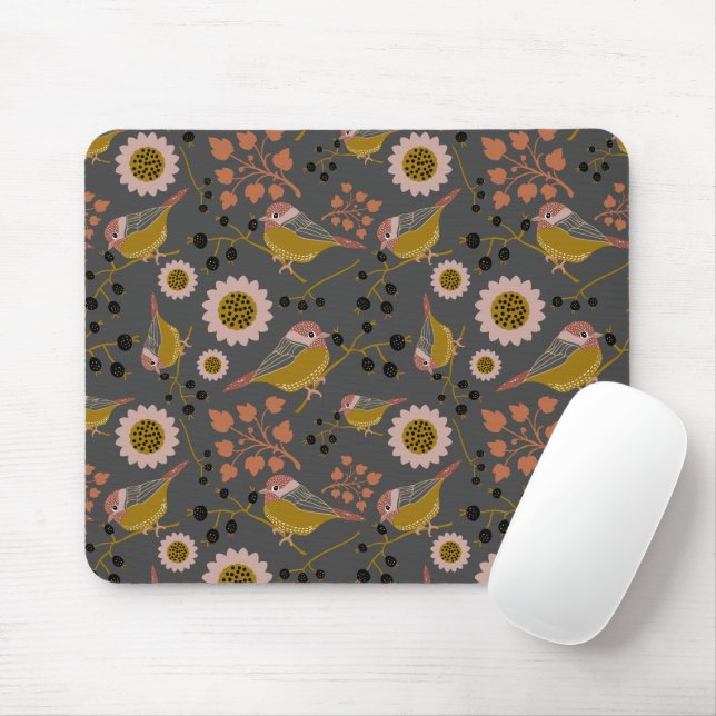 Chickadee Gold Pink Black Berries Flowers Pattern Mouse Pad (With Mouse)