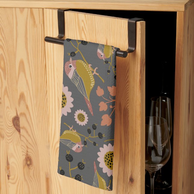 Chickadee Gold Pink Black Berries Flowers Pattern Tea Towel (Thirds Fold)