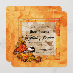 Chickadee & Golden Autumn Leaves Bridal Shower Invitation