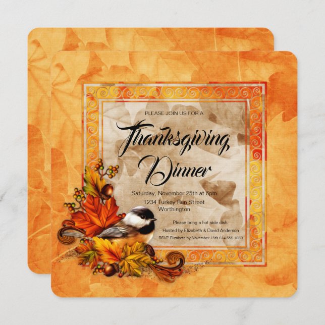 Chickadee & Golden Autumn Leaves Thanksgiving Invitation (Front/Back)