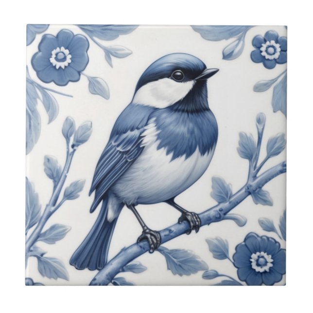 Chickadee Great Tit Bird Delft Blue and White Tile (Front)