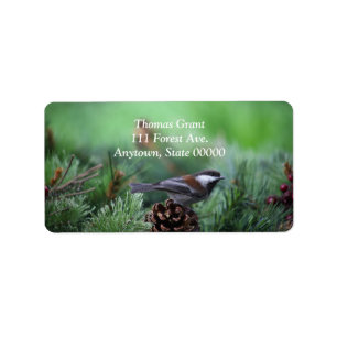 Chickadee in a winter setting label