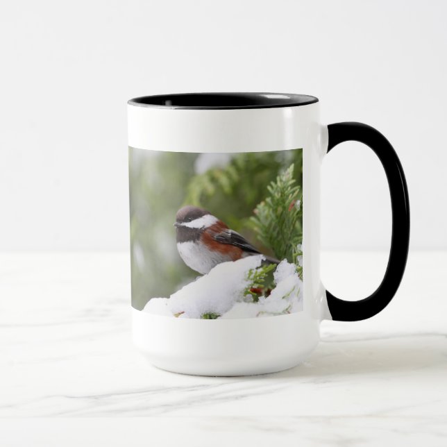 Chickadee in Snow on a Cedar Tree Mug (Right)
