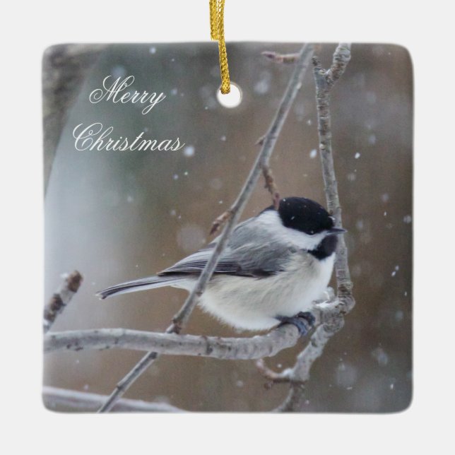 Chickadee in Winter Snow - Songbird Ceramic Tree Decoration (Front)