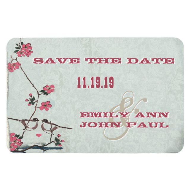 Chickadee Love Birds Cherry Blossoms Save the Date Magnet (Horizontal)