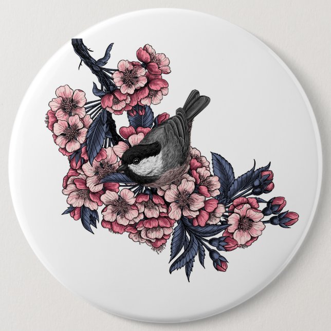 Chickadee on a blooming cherry branch 6 cm round badge (Front)