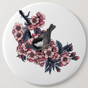 Chickadee on a blooming cherry branch 6 cm round badge