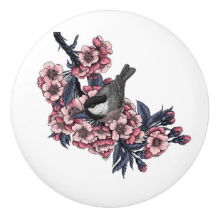 Chickadee on a blooming cherry branch ceramic knob