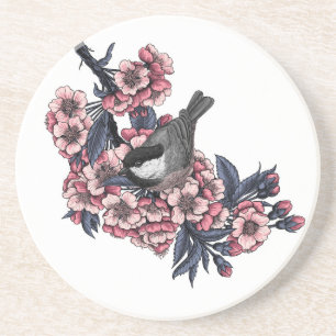 Chickadee on a blooming cherry branch coaster