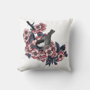 Chickadee on a blooming cherry branch cushion