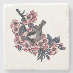 Chickadee on a blooming cherry branch stone coaster