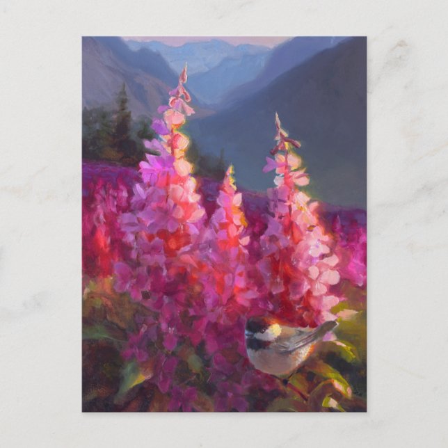 Chickadee on Alaskan Wildflowers With Mountains Postcard (Front)